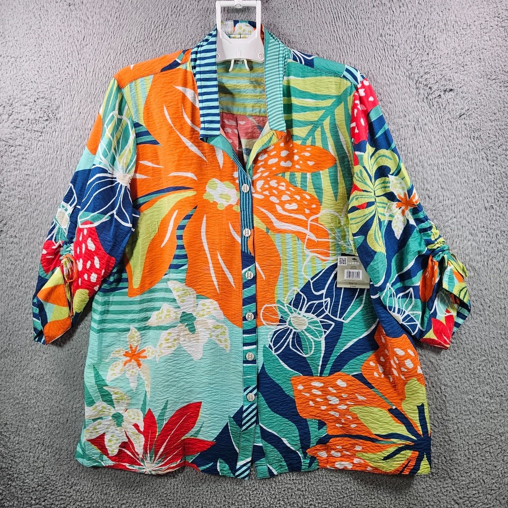 NEW John Mark Shirt Top Women 1X Button Up Large Floral Colorful Orange Green